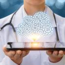 Doctor holding a tablet projecting holographic cloud.