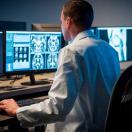 Healthcare workers looking at X-ray images on monitors