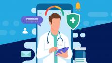 Illustration of doctor with medical and digital icons standing in front of smartphone