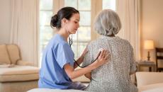 A nurse at home listening to a patient's chest