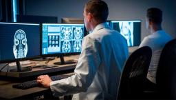 Healthcare workers looking at X-ray images on monitors