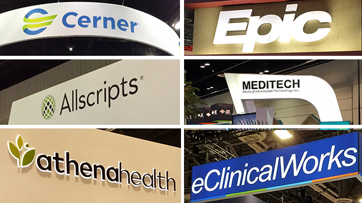 epic, cerner, allscripts, meditech signs from HIMSS18 convention booths