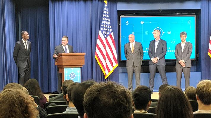 Amazon, Google, IBM, Microsoft, Oracle and Salesforce representatives speaking at the White House in Washington, D.C.