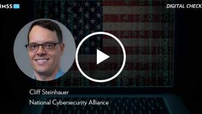 Cliff Steinhauer at the National Cybersecurity Alliance_Laptop with American flag and binary code Photo by Smederevac/iStock/Getty Images Plus